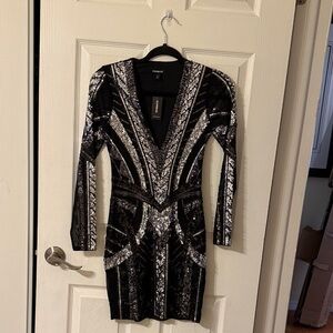Express Black and Silver Sequin Long Sleeve V-Neck Dress